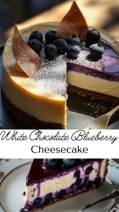 White Chocolate Blueberry Cheesecake, Chocolate Blueberry Cheesecake, Fall Dessert Ideas, Roll Desserts, Dessert Ideas Easy, Cinnamon Roll Desserts, Chocolate Blueberry, Blueberry Sauce, Cheesecake Desserts