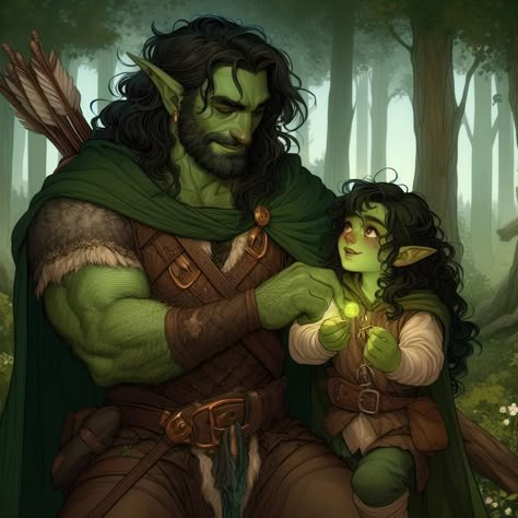 Orc Elf Couple, Dnd Family, Orc And Human Couple Art, Female Orc Beautiful, Dnd Firbolg Female, Dnd Firbolg Character Design, D&d Firbolg, Half-orc Male, Orc Warrior