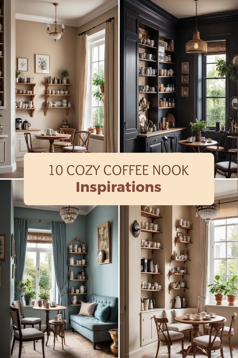 Get inspired with 10 cozy coffee nook ideas! This pin features charming designs and cozy atmospheres over four images showcasing delicious coffee aesthetics. Cozy Coffee Nook, Coffee Nooks, Nook Inspiration, Kitchen Bay Window, Bay Window Seat, Coffee Room, Rustic Wooden Table, Vintage Coffee Pot, Coffee Nook