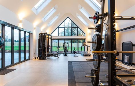 Broadoaks-Project-Steps-Gym Barndominium Gym Ideas, Detached Garage With Gym, Barndominium Home Gym, Large Home Gym Ideas, Huge Home Gym, Personal Gym Ideas, Home Gym Separate Building, Modern Farmhouse Gym, Detached Home Gym