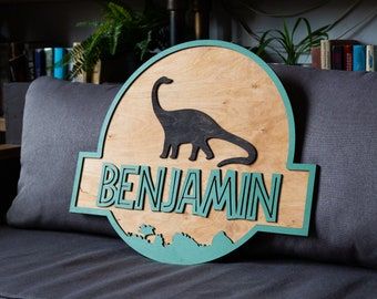 Jurassic Park Sign, Baby Shower Dinosaur Theme, Dinosaur Room Decor, Door Name, Safari Nursery Art, Art Door, Dinosaur Room, Wooden Wall Signs, Jungle Wall