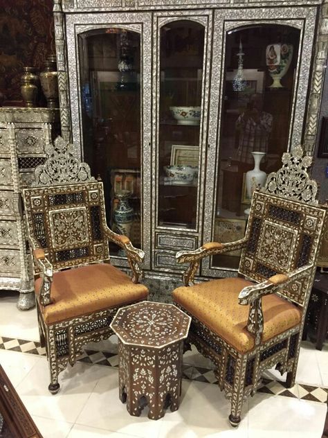 Syrian furniture Syrian Furniture, Moorish Furniture, Arabian Decor, Riad Marrakech, Interior Design History, Upscale Furniture, House Interior Design Styles, Inlay Furniture, Luxury Dining Room