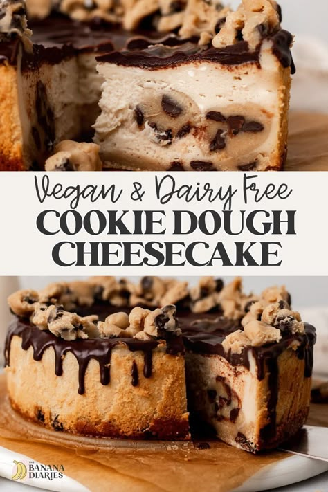 This creamy and rich vegan cookie dough cheesecake has a baked chocolate chip cookie crust and loads of vegan cookie dough folded throughout a silky vanilla bean cheesecake batter. Naturally dairy free, NO eggs, and easily gluten free too! The ultimate cookie lover’s dessert! Chocolate Chip Cookie Crust, Cheesecake Gluten Free, Cookie Dough Cheesecake, Vanilla Bean Cheesecake, Vegan Cookie, Vegan Baking Recipes, Vegan Cookie Dough, Vegan Christmas Recipes, Gluten Free Cheesecake