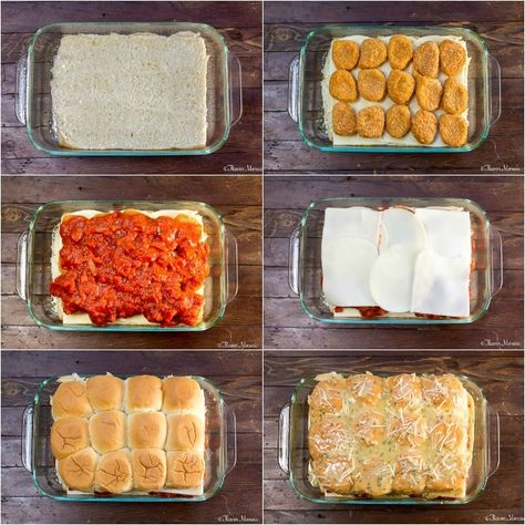 Chicken Nuggets Meal Ideas, Chicken Nugget Sliders, Hawaiian Sandwiches, Parmesan Sliders, Baked Chicken Parm, Party Sliders, Chicken Parmesan Sliders, Ravioli Casserole, Sliders Recipes Chicken