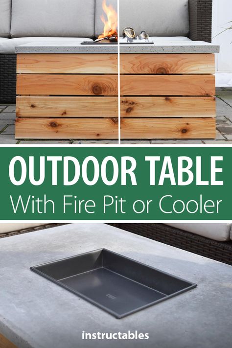 Diy Fire Table, Diy Outdoor Coffee Table, Outdoor Fire Table, Unfinished Furniture, Diy Outdoor Table, Concrete Coffee Table, Wood Fire Pit, Woodworking Ideas Table, Concrete Wood