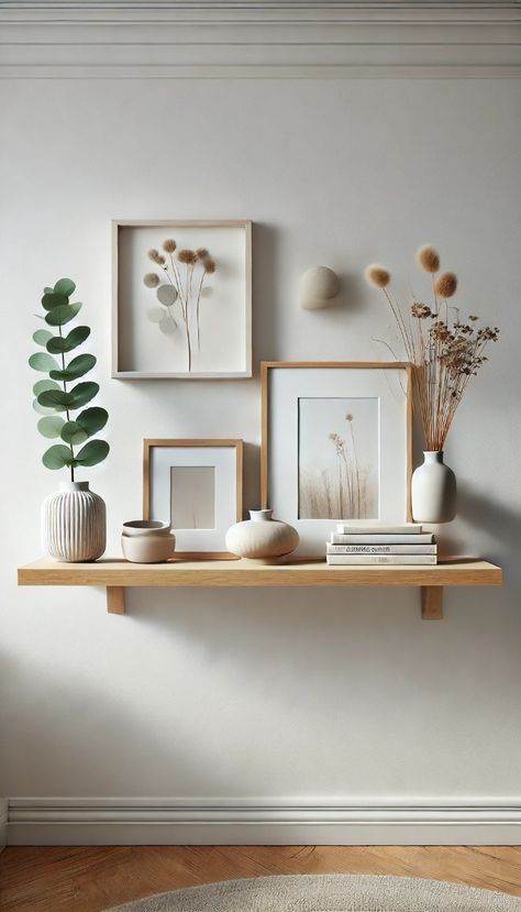 Narrow Floating Shelf, Cozy Shelf Decor, Floating Shelf Gallery Wall, Floating Shelf Decor Ideas, Potted Eucalyptus Plant, Shelf Above Couch, Entryway Floating Shelves, Shelves Above Desk, Floating Shelf Ideas