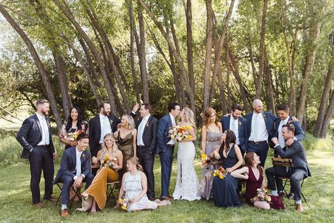 Outdoor tented wedding inspiration. Large bridal party. Mis matched bridesmaids Wedding Party Multiple Colors, Mix Matched Wedding Party, Mix And Match Wedding Party, Mixed Gender Wedding Party, Mixed Gender Bridal Party, Large Bridal Party, Campground Wedding, Large Bridal Parties, Tented Wedding