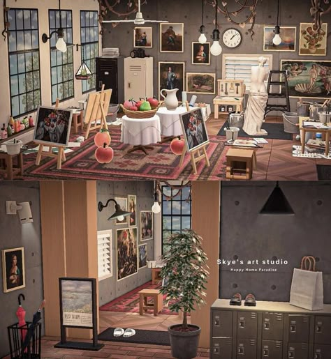 Art Studio Room, Happy Home Designer, Home Ac, Animal Crossing Characters, New Animal Crossing, Studio Room, Animal Crossing Game, Painting Studio, Happy Animals