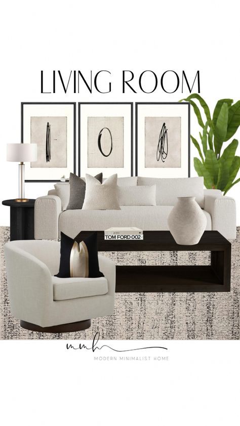 Modern and neutral living room decor. LIVING ROOM // LIVING ROOM DECOR // LIVING ROOM INSPO // LIVING ROOM DESIGN // LIVING ROOM FURNITURE // MODERN LIVING ROOM // ROOM DECOR // AFFORDABLE HOME DECOR // MODERN HOME DECOR // MODERN HOME // HOME DECOR // AMAZON HOME DECOR // NEUTRAL DECOR // NEUTRAL HOME DECOR Follow my shop @modern.minimalist.home on the @shop.LTK app to shop this post and get my exclusive app-only content! #liketkit #LTKMostLoved #LTKhome #LTKstyletip @shop.ltk Chic Neutral Living Room, Modern Chic Living Room Apartments, Rh Decor Inspiration Living Room, Small Living Room Mood Board, Black And Beige Living Room Ideas, Black White Tan Living Room, Black And White Living Room Decor Modern, Living Room Black Accents, Neutral Gray Living Room