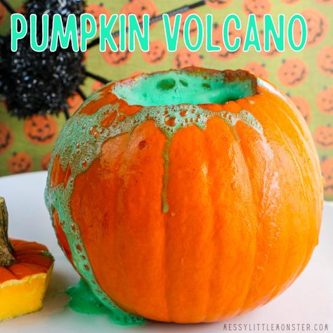 pumpkin volcano Volcano Pumpkin, Volcano Experiment For Kids, Pumpkin Volcano, Fall Stem Activities, Rainbow Baking, Water Science Experiments, Volcano Experiment, Cousin Camp, Experiment For Kids