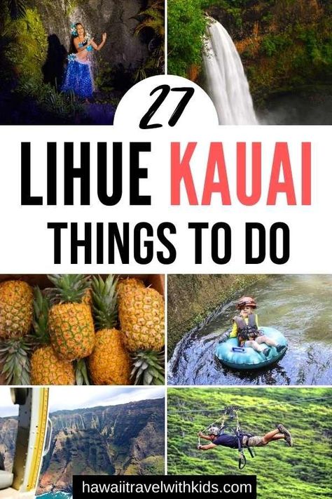 Collage image of Kauai activities like ziplining, helicopter ride, mountain tubing, and more. Kauai With Kids, Kauai Honeymoon, Kauai Things To Do, Kauai Itinerary, Lihue Kauai, Hanalei Kauai, Kauai Activities, Things To Do In Kauai, Hawaii Vacation Tips