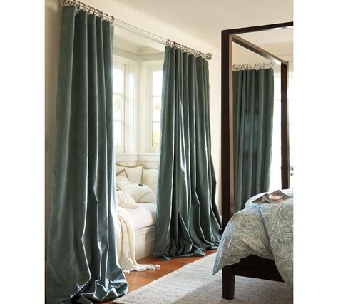 love the curtains on this cozy reading nook Blue Velvet Curtains, Chic Bedroom Design, Traditional Curtains, Velvet Drapes, Types Of Curtains, Custom Drapes, Blog Site, Beautiful Curtains, Home Goods Decor