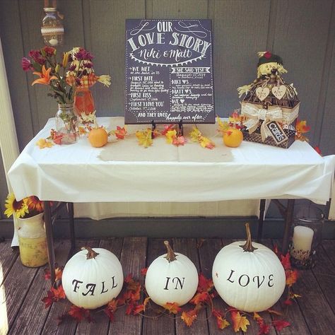 Fall Engagement Decorations, Falling In Love Party Theme, Engagement Party October, Couples Wedding Shower Themes Fall, Classy Fall Party Decor, Falling In Love Engagement Party, Fall Themed Engagement Party Ideas, Fall Engagement Party Centerpieces, October Engagement Party Ideas