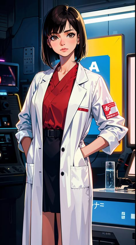 Cyberpunk Doctor Character Design, Scientist Outfit Women, Office Character Design, Female Doctor Art, Female Scientist Character Design, Scientist Oc Art, Doctor Character Design, Scientist Character Design, Stem Aesthetic