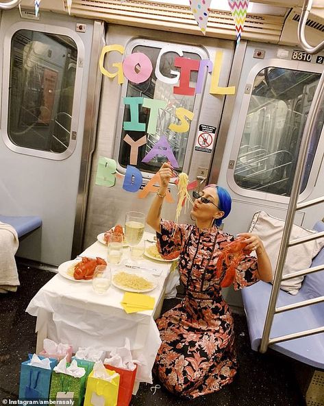 Amber Asaly throws 26th birthday party inside a NYC subway car | Daily Mail Online Amber Asaly, Subway Car, Awful People, Kylie Jenner Instagram, 28th Birthday, Whats For Lunch, 26th Birthday, Subway Surfers, Nyc Subway