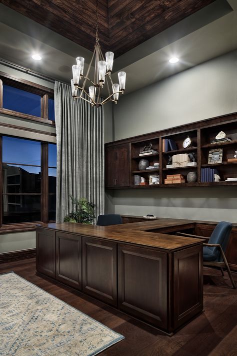 This custom His & Her Desk desk solution was all about high function for this power couple. We brought warmth and softness to the work space with a wood plank ceiling, tall velvet drapes, a warm rug and perfectly accessorised built-in shelves. Home Office For Two People With Storage, 2 Person Built In Desk, Double Office Ideas Layout Home, His And Her Desk Shared Office, 2 Person Office Desk, Office With 2 Desks Ideas, Two Person Office Layout Home, Home Office Two Desks Layout, Couples Office Space Home