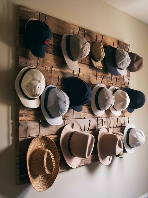 15 Hat Storage Ideas – The DIY Desire Cute Hat Storage Ideas, Organizing Hats Baseball Caps, Hanging Caps On Wall, Storing Hats Organizing Ideas, Hat Storage Ideas Wall, How To Organize Hats, Cowboy Hat Display Ideas, Diy Hat Rack For Men, Closet Hat Organization