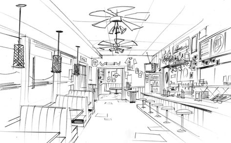 Cafe Inside Drawing, Cafe Design Drawing, Cafe Perspective, Cafe Concept Art, Cafe Drawings, Cafe Reference, Room Perspective, Cafe Drawing, Bar Illustration