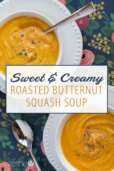 It's snowing outside. Not enough to play in, just enough to chill me to the bone. My little toes haven't been warm for days. Enter Roasted Butternut Squash Soup. This version is sweet and creamy. The honey, ginger and nutmeg make it so delicious, you'll want to keep it all to yourself. I like to freeze the leftovers and eat them for lunch. It's the one meal when no one bugs me so I can really enjoy every creamy spoonful. I absolutely love the flavors in this soup. I have a major sweet t Butternut Squash Bisque, Snowing Outside, Baked Butternut Squash, Butternut Squash Recipes Soup, Squash Soup Recipe, Honey Ginger, Roasted Butternut Squash Soup, It's Snowing, Light Meals