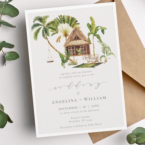 Watercolor Tropical Palm Tree Wedding Invitation Tropical Jungle Wedding, Palm Tree Invitation, Palm Tree Wedding Invitations, Palm Tree Wedding, Jungle Wedding, Tree Wedding Invitations, Key West Wedding, Hawaii Destination Wedding, Save The Date Designs