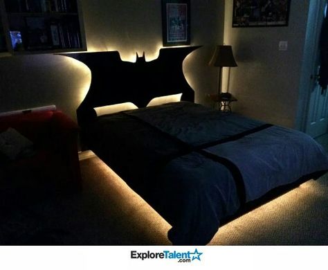 Cut out head board, attach lights to back of board Batman Themed Bedroom, Batman Bed, Batman Light, Batman Bedroom, Batman Room, Custom Batman, Themed Bedroom, Beds And Headboards, Boy's Bedroom