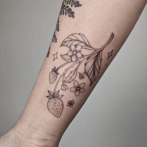 Strawberry Bush Tattoo, Strawberry Fields Tattoo, Strawberry Plant Tattoo, Bush Tattoo, June Tattoo, Strawberry Tattoos, Sorry Mom Tattoo, Filler Tattoos, Strawberry Bush