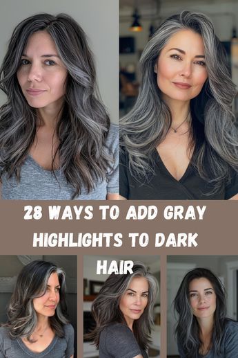 Embrace the growing trend of gray blends in dark hair with these 28 inspiring ideas. From subtle touches to bold contrasts, explore how to seamlessly incorporate gray tones into your locks. Growing Out Gray Hair From Dark Brown, Partial Gray Highlights On Dark Hair, Blend Grays On Dark Hair, Highlights Blending Gray, Blending Gray With Black Hair, Grey Low Lights Hair Dark Brown, Dark Brown Hair With Grey Balayage, Grey Transition Hair Highlights Dark Hair, Gray Hair Makeover