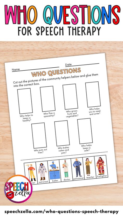 Need a fun way to practice working on who questions in speech therapy? This fun cut and paste activity is perfect for your young learners to practice learning about community helpers and how to answer who questions. This activity will keep children engaged and motivated while helping them build important language skills. Check it out for free in Canva today! Community Helpers Speech Therapy, Who Questions Speech Therapy, Communication And Language Activities, Expressive Language Activities, Who Questions, Speech Therapy Worksheets, Language Development Activities, Community Helpers Theme, Language Therapy Activities