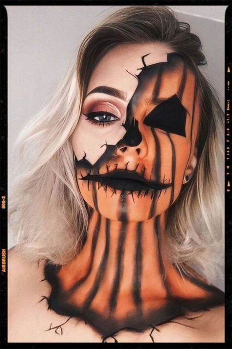 Pumpkin Makeup Ideas, Pumpkin Face Paint, Maquillage Halloween Simple, Halloween Makeup Sugar Skull, Creative Halloween Makeup, Scarecrow Makeup, Make Carnaval, Halloweenský Makeup, Halloween Beauty