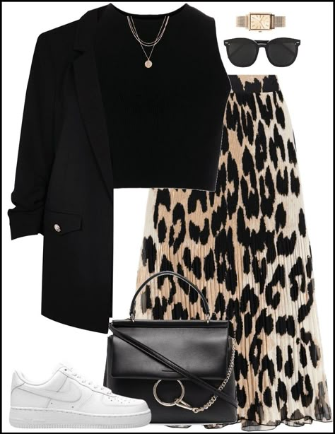 Leopard print, black top, skirt, leopard skirt, black blazer, nike air force , sneakers, chloe bag , sling bag, gold accessories, watch Neutral Boho Outfit Ideas, Outfits 2024 Summer, Chic Outfits Aesthetic, Outfit Informal, Best Winter Outfits, Outfit 2022, Leopard Skirt, Rock Punk, Classy Work Outfits