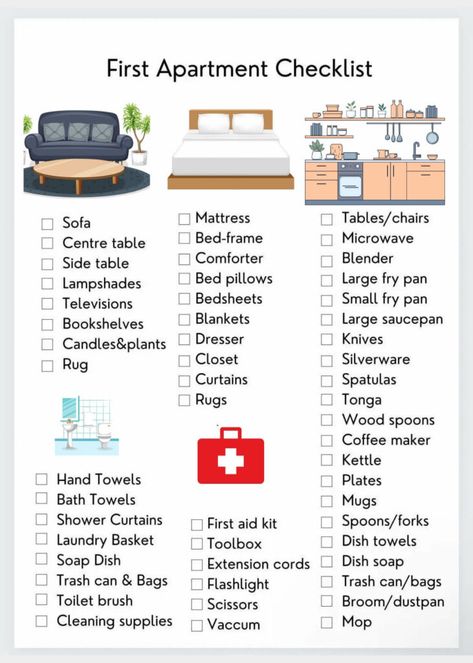 First Apartment Checklist On A Budget Student Apartment Decor On A Budget, Moving Into First Apartment, Apartment Packing List, College Apartment Checklist, First Apartment Goals, New Apartment Checklist, Moving List, First College Apartment, Apartment List