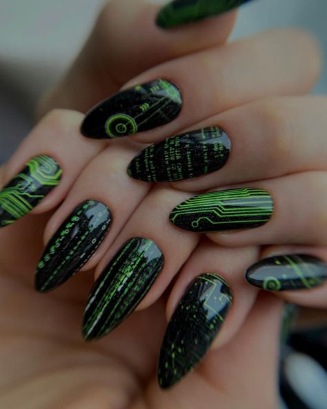 Matrix Nail Art, Matrix Nails, Cybercore Nails, Graffiti Nails, Small Nails, Edgy Nails, Goth Nails, Nails Now, Nails Salon