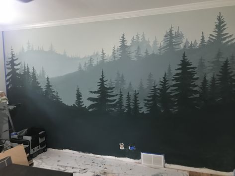 Silhouette Mountains murals , pine trees, hand painted shades of blue and grey Pine Tree Murals On Wall, Mountain Bedroom Mural, Mountain Mural Painting, Mountain Mural With Trees, Wall Murals Painted Mountains, Painting Pine Trees On Walls, Painted Pine Trees On The Wall, How To Paint Trees On Walls, Mountain Painted Wall