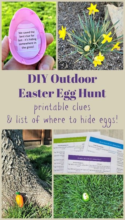 Outdoor Easter Egg Scavenger Hunt (w/printable clues!) - great for preschool, big kids, tweens, teens and adults!  Includes where to hide eggs outside and a printable Easter Egg Hunt sign too! Easter Hunt For Adults, Easter Scavenger Hunt For Adults, Easter Egg Scavenger Hunt Clues, Easter Scavenger Hunt Clues, Adult Easter Egg Hunt, Egg Hunt Clues, Easter Egg Scavenger Hunt, Easter Egg Hunt Clues, Easter Treasure Hunt