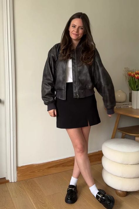 A-Line Mini Skirt curated on LTK Longer Mini Skirt, Black Mini Skirt Midsize, 90s Black Skirt Outfit, Black A Line Mini Skirt, A Line Mini Skirt Outfits, Midsize Mini Skirt Outfit, Short Skirt Winter Outfit, Straight Skirt Outfits, Grey Mini Skirt Outfit