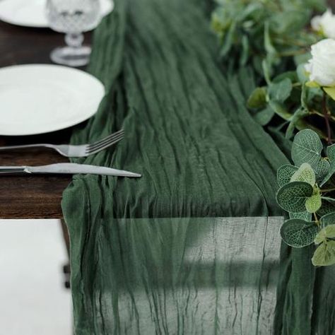 10FT Olive Green Cheesecloth Table Runner, Gauze Fabric Boho Wedding Arbor Decor | eFavorMart Extra Long Table Runners, Wedding Table Layouts, Arbor Decor, Gauze Table Runner, Cheesecloth Table Runner, Green Table Runner, Rustic Table Runners, Boho Table Runner, Long Table Runner