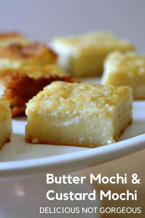 Meet butter mochi and custard mochi. Mochi is a dense, chewy Japanese dessert, but with the addition of butter and milk, it becomes its crispy topped Hawaiian cousin. #buttermochi #custardmochi #mochi #hawaiian #dessert Mochiko Recipes Desserts, Pyrex Recipes, Custard Mochi Recipe, Mochiko Recipes, Honey Toast Recipe, Custard Mochi, Manju Recipe, Hawaiian Dessert, Mochiko Flour