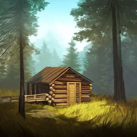 Log Cabin Concept Art, Log Cabin Drawing, Log Cabins In The Woods, Cabin In The Woods Drawing, Cabin In The Woods Painting, Cabin Rooms, Old Cabin, Forest Camp, Forest Drawing