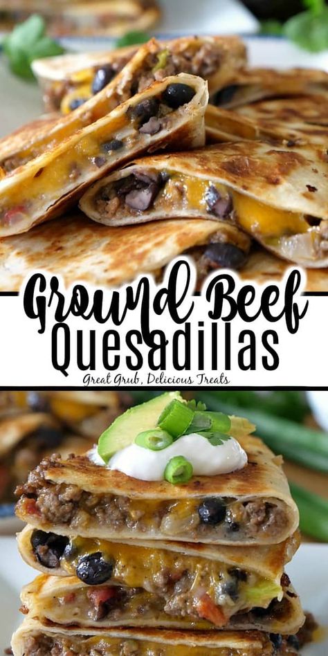 Ground Beef Quesadillas are an easy and delicious quesadilla recipe loaded with seasoned ground beef, two types of cheese, black beans and more. Quesadilla Recipes Beef, Ground Beef Quesadillas, Quesadilla Recipes Easy, Beef Quesadillas, Seasoned Ground Beef, Ground Beef Recipes Healthy, Diner Recept, Quesadilla Recipes, Types Of Cheese