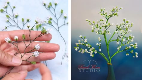 French beaded baby's breath, Gypsophila | Bead Flora Studio Wire Beaded Flowers Tutorial, Sunflower Jewelry Diy, French Beaded Flowers Tutorial, French Beading, Beaded Bouquet, Beaded Projects, Bead Flowers, Beaded Flowers Patterns, Lilac Blossom