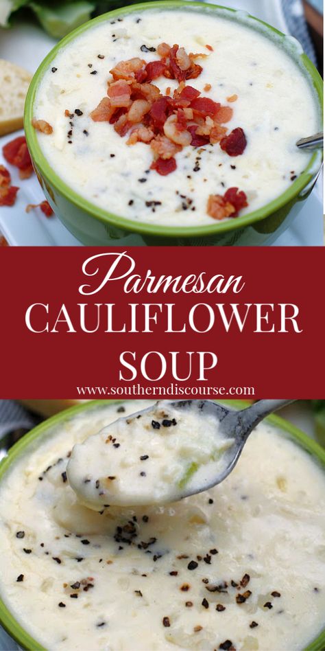 Creamy Short Cut Parmesan Cauliflower Soup - a southern discourse Parmesan Cauliflower, Parmesan Soup, Creamy Cauliflower Soup, Riced Cauliflower, Cauliflower Soup Recipes, Creamy Cauliflower, Low Carb Soup, Savory Soups, Cauliflower Soup