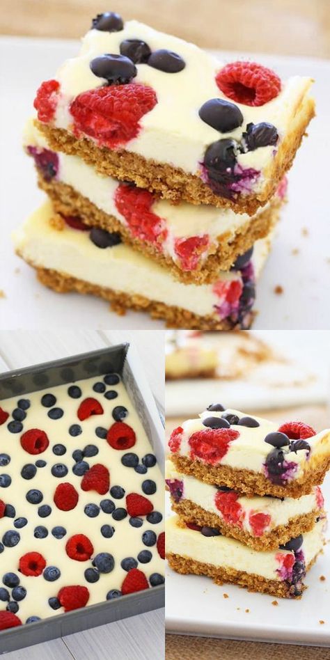 July 4th Desserts Which Are Red, Blue And White - RecipeMagik July 4th Food Desserts, Berry Cheesecake Bars, July 4th Food, Cheesecake Slice, Picnic Desserts, Patriotic Desserts, Berry Cheesecake, 4th Of July Desserts, Easy Summer Desserts