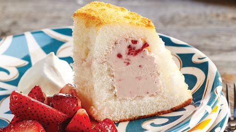 Strawberry & Angel Food Ice Cream Cake - Sobeys Inc. Stuffed Angel Food Cake, Ice Cream Cake Roll, Strawberry Angel Food Cake, Angel Food Cake Desserts, Strawberry Dishes, Food Ice Cream, Only Angel, Chilled Desserts, Ice Cream Cake Recipe