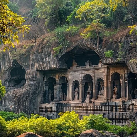 Step back in time to the grandeur of history! 🏞️✨ The ancient Ajanta cave temples stand as a breathtaking testament to India’s timeless artistry, carved seamlessly into the rugged cliffs and surrounded by lush greenery. Feel the serenity of this riverside wonder and let the whispers of history captivate your soul. 🌿🛕 #AjantaCaves #AncientIndia #CulturalHeritage #TimelessBeauty #HistoricWonders #TravelIndia #IncredibleIndia Hindu Architecture, Medieval India, India Landscape, Ajanta Caves, Temple India, India Architecture, Ancient Indian Architecture, Brick Fence, Landscape Reference