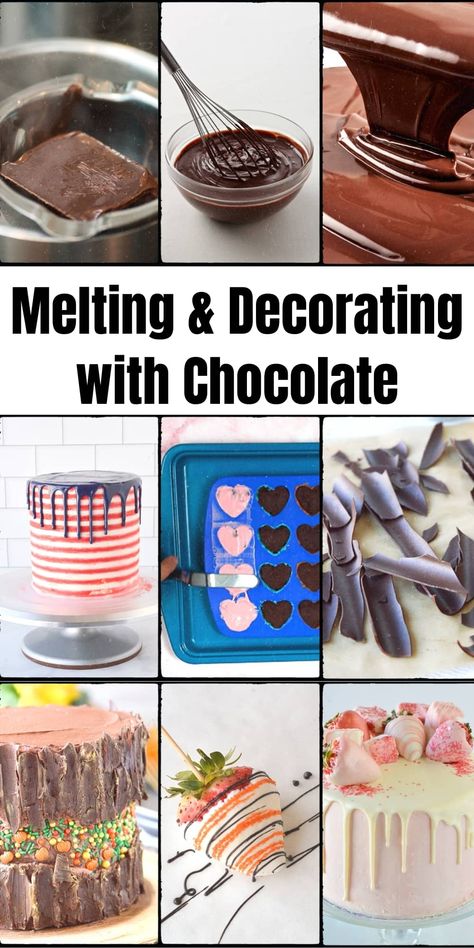 This chocolate tutorial covers melting chocolate using a stove, microwave, or oven as well as different types of melting chocolate like candy melts and chocolate wafers. It also covers simple and common chocolate decorating techniques like chocolate drips cakes and making chocolate covered food like strawberries and cake pops. #chocolate Melted Chocolate Decorations, Decorating With Chocolate, Candy Wafers, How To Temper Chocolate, Chocolate Shapes, Chocolate Melting Wafers, Chocolate Drip Cake, Making Chocolate, Layered Desserts