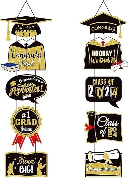 Amazon.com: Graduation Party-Decorations Front-Porch Door Hanger-Decor - 2pcs Black Gold Class 2024 Paper Signs Congrats Grad Banners,College Senior High School Congratulations Hanging Garland Supplies Burgleda : Home & Kitchen Congratulations Banner Printable Free, Grad Banner, Gold Class, Congratulations Banner, Hanger Decor, Porch Doors, Graduation Party Planning, Hanging Garland, Congrats Grad