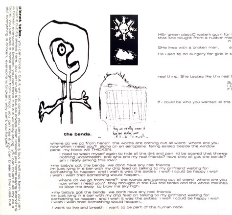 THE BENDS - Album Release: Mon 13 Mar 1995. 2nd studio album. Released by Parlophone. The Bends was produced by John Leckie at EMI's studios in London, and engineered by Nigel Godrich. The Bends Tattoo Radiohead, The Bends Radiohead, Just Radiohead, Radiohead Artwork, Radiohead Tattoo, Radiohead Art, Radiohead Lyrics, My Iron Lung, Radiohead The Bends