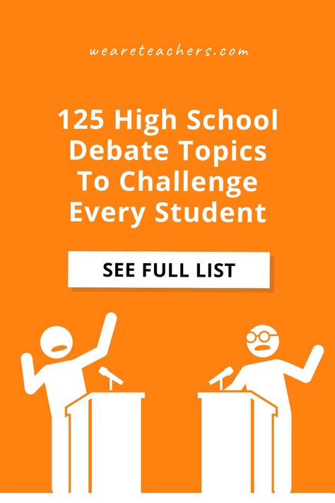 These high school debate topics range from fun and funny to complex and ethical, with links to reliable pro/con sources for each. Teaching Debate, High School Debate, Interesting Debate Topics, English Debate, Teaching Ethics, High School English Lesson Plans, Civics Lessons, High School English Lessons, Persuasive Text