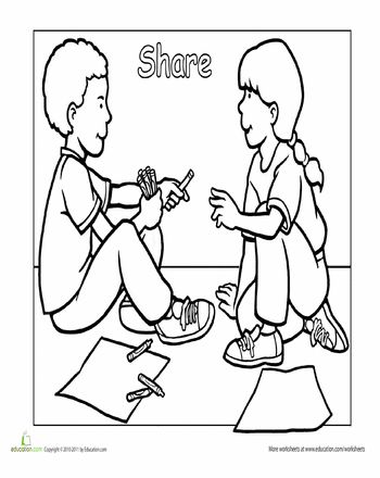 Worksheets: Learning to Share  considerate and caring /honest and fair Sharing And Caring Activity For Kids, Sharing Is Caring Images, Preschool Printouts, Preschool Friendship, Manners Books, Islamic Kids Activities, Coloring Worksheets, Preschool Coloring Pages, Daisy Girl Scouts