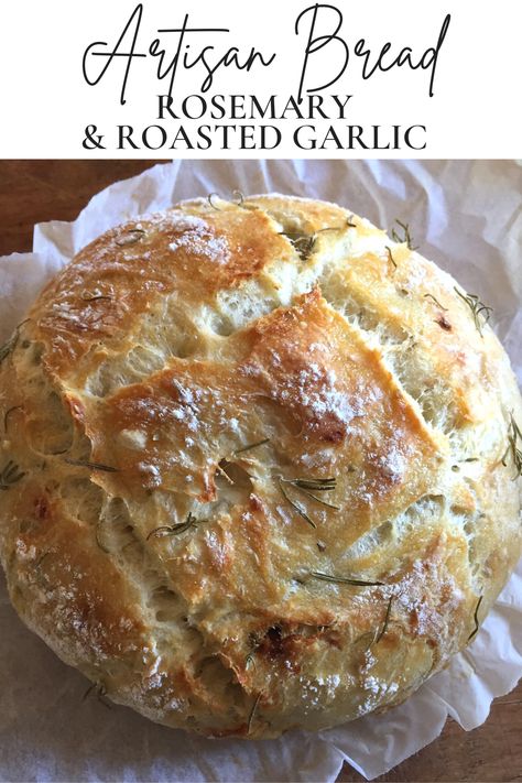 Few things are better than freshly baked bread. And eating it while it’s still warm with delicious pasta or a steaming bowl of soup or stew? The best! This simple no-knead recipe builds on my basic 4-ingredient overnight artisan bread recipe. It’s still super easy to make and requires only a handful of extra ingredients! | #homemadebread #rosemarybread #easybreadrecipe #rusticbread #comfortfood #noknead #overnightbread #rosemary #roastedgarlic #evoo #oliveoil #madefromscratch #artisanbread Roasted Garlic Artisan Bread, Garlic Artisan Bread, Overnight Artisan Bread, Bread Rosemary, Artisan Bread Recipe, Pudding Chia, Freshly Baked Bread, Homemade Bread Recipes Easy, Artisan Bread Recipes